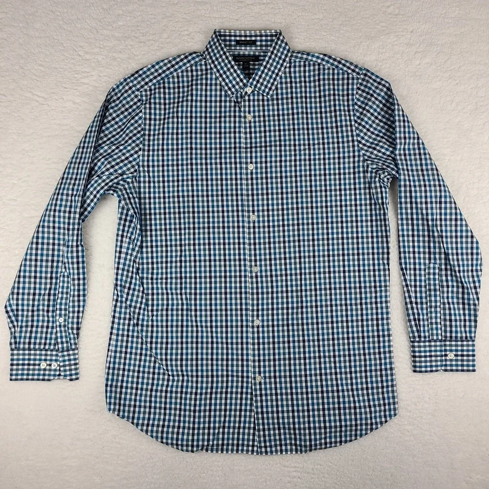 Banana Republic Shirt Mens XL Blue Teal Check Grant Fit Supima Cotton Button Up